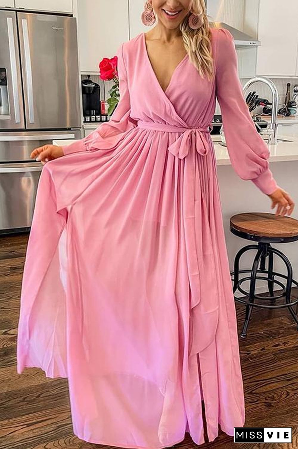 Button Puff Sleeve Belted Maxi Dress