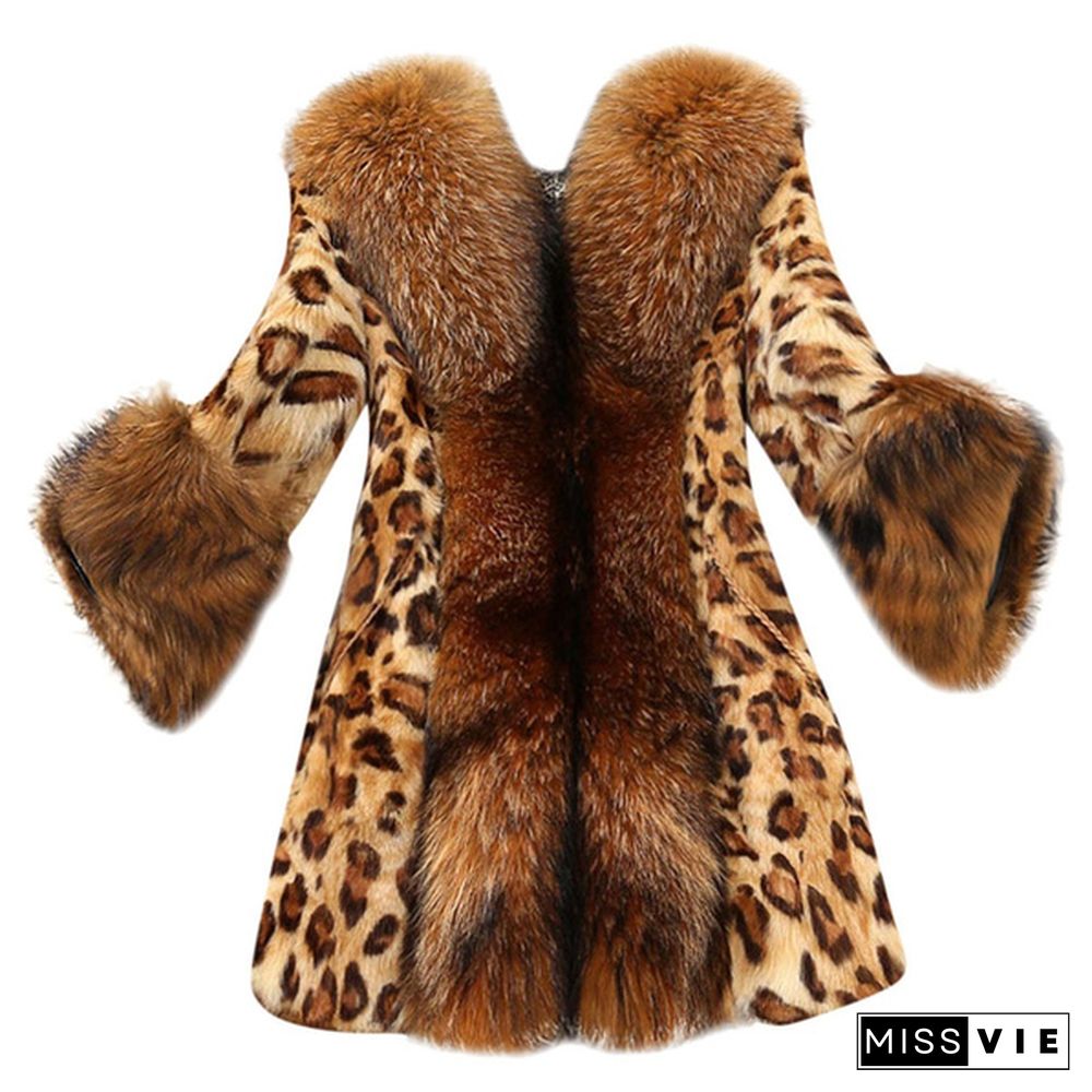 Women Faux Fur Collar Classic Leopard Medium Long Winter Coat Jacket High Quality Large Size S-XXXXXL