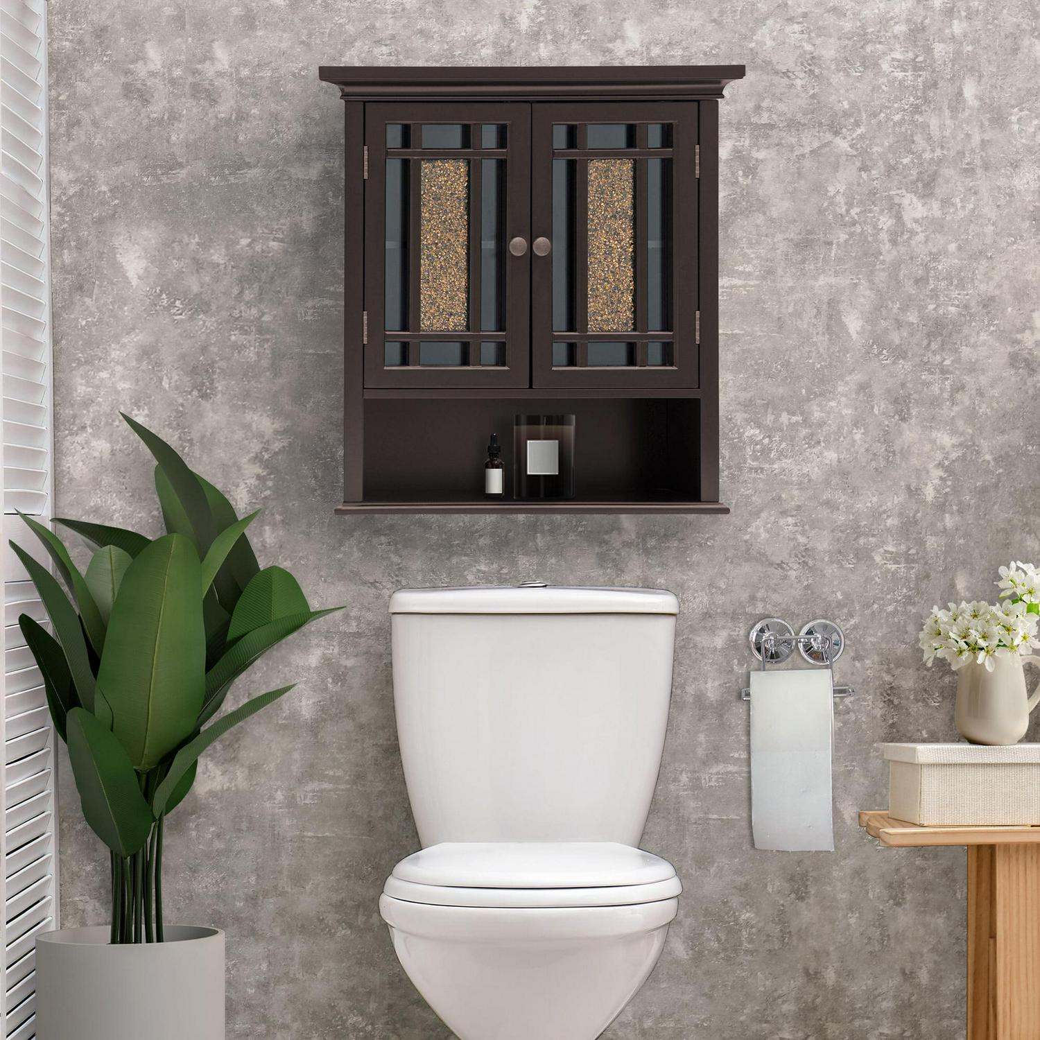 Teamson Home Windsor Wooden Wall Cabinet with Glass Mosaic Doors， Dark Espresso