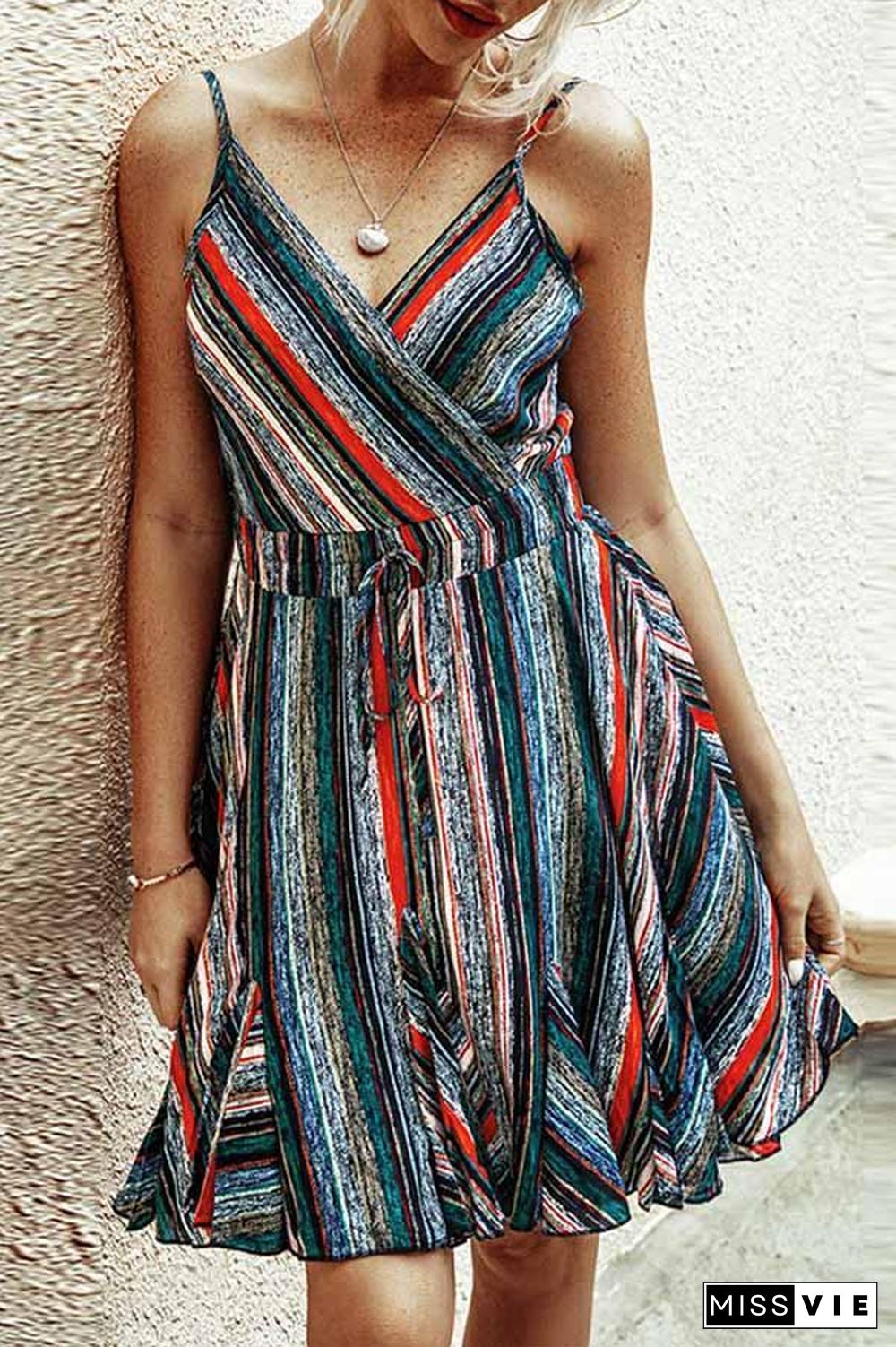 Rainbow Striped V-neck Camisole Dress P14344