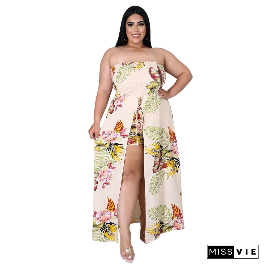 Summer Plus Size Women Clothing Floral Print Elastic Waist Beach Casual One Piece Split Jumpsuit