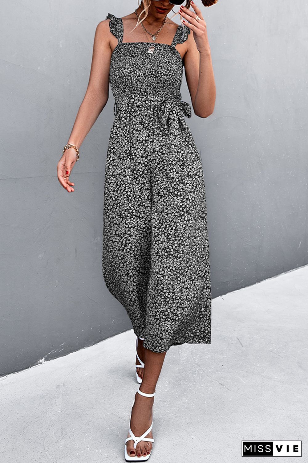 Floral Print Ruffles Strap Tie Waist Jumpsuit Wholesale