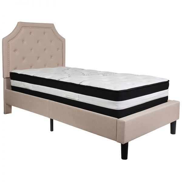 Brighton Twin Size Tufted Upholstered Platform Bed in Beige Fabric with Pocket Spring Mattress