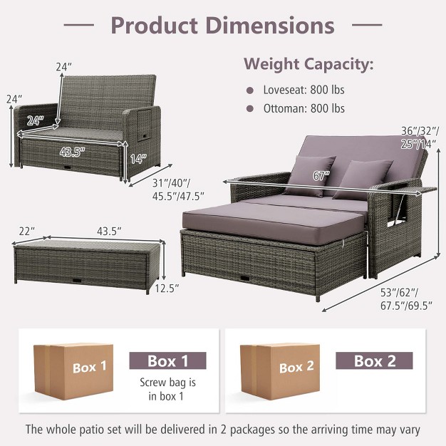 Costway Patio Rattan Daybed Set Wicker Loveseat Sofa With Ottoman amp Retractable Side Tray