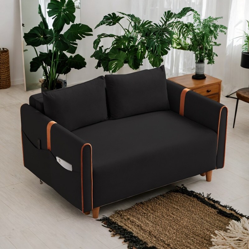 2 Seat Sofa Bed with Hidden Storage Box and 2 Side Pockets  Black