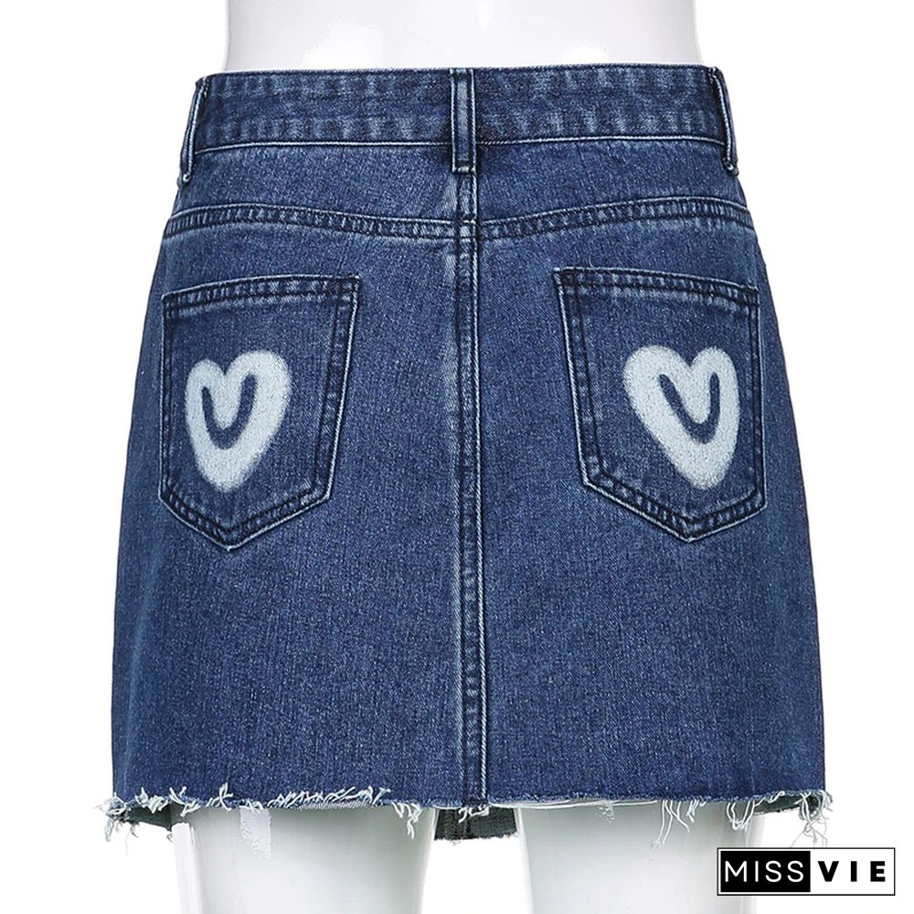 Y2K Harajuku Summer High Waist Denim Skirt A Line Heart Print Mini Skirts Aesthetic Casual Cute Korean Fashion Denim Skirt