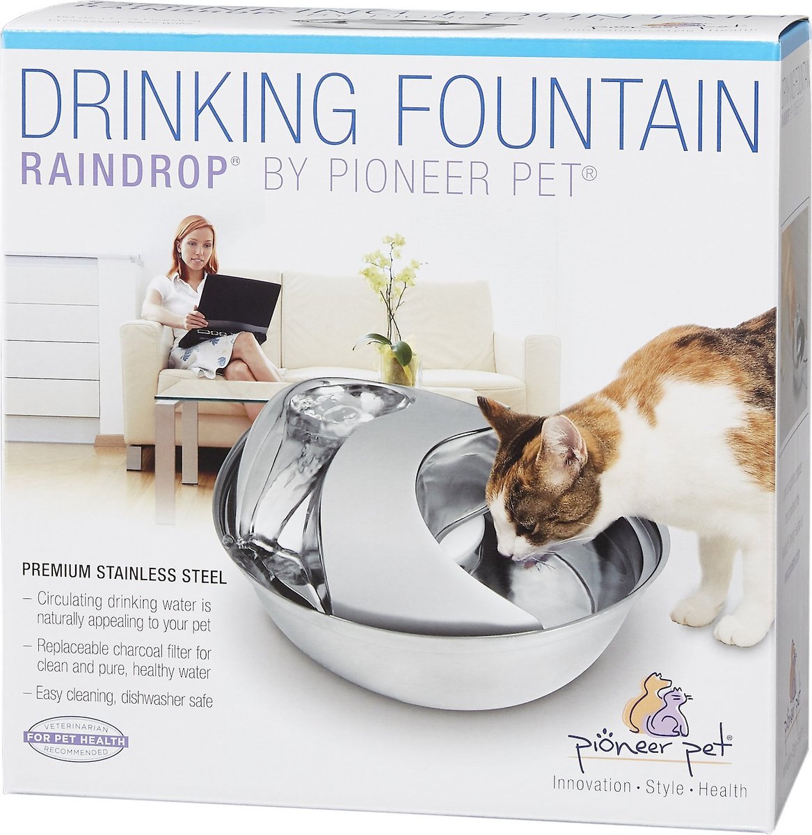 Pioneer Pet Stainless Steel Dog and Cat Fountain Raindrop Design