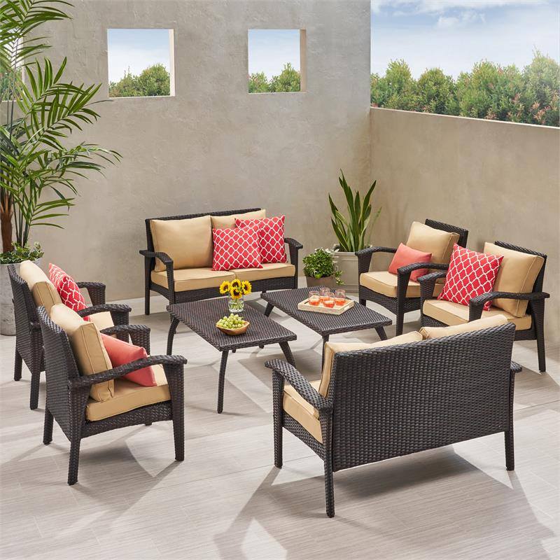 Noble House Waikiki Outdoor 8pc Brown Seating Set  ampCushions   Tropical   Outdoor Lounge Sets   by Homesquare  Houzz