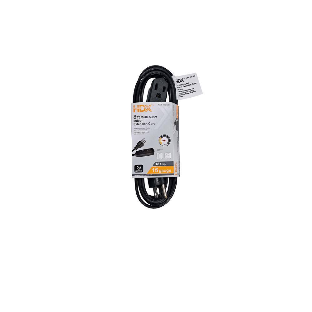 HDX 8 ft. 163 Light Duty Indoor Black Extension Cord with Banana Tap SPT2163008BLBA