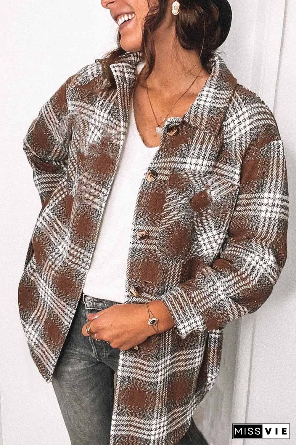 Fashion Lapel Loose Plaid Jacket Tops(3 Colors)