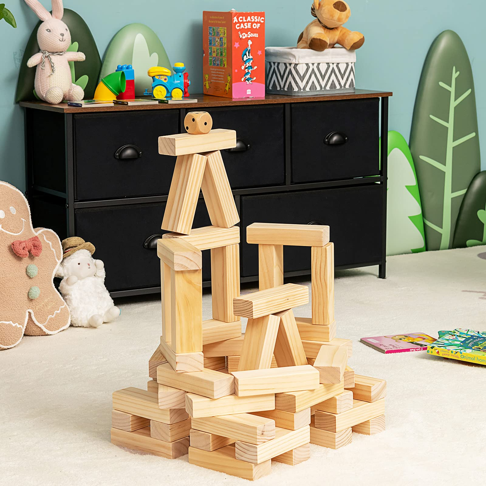 Costzon Giant Tumbling Timber Toy, 54PCS Pine Wooden Block Stacking Game w/ Carrying Bag