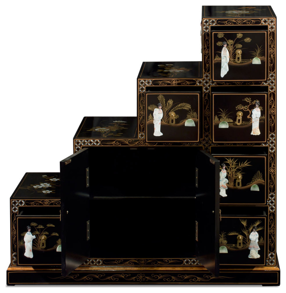 Black Lacquer Mother of Pearl Motif Japanese Step Tansu Cabinet   Asian   Accent Chests And Cabinets   by China Furniture and Arts  Houzz