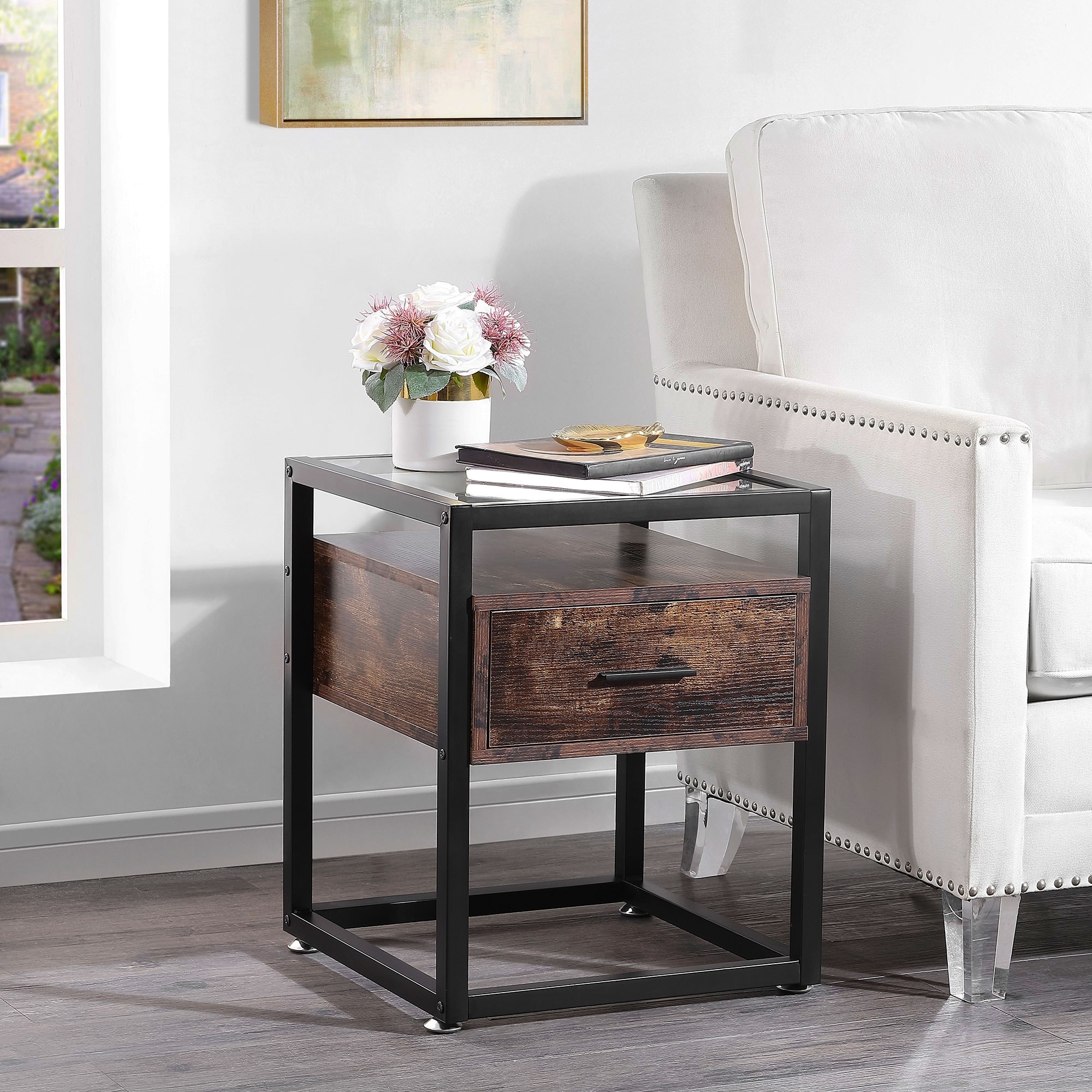 Ledel Industrial 1-Drawer End Table Side Table Nightstand with Glass Top