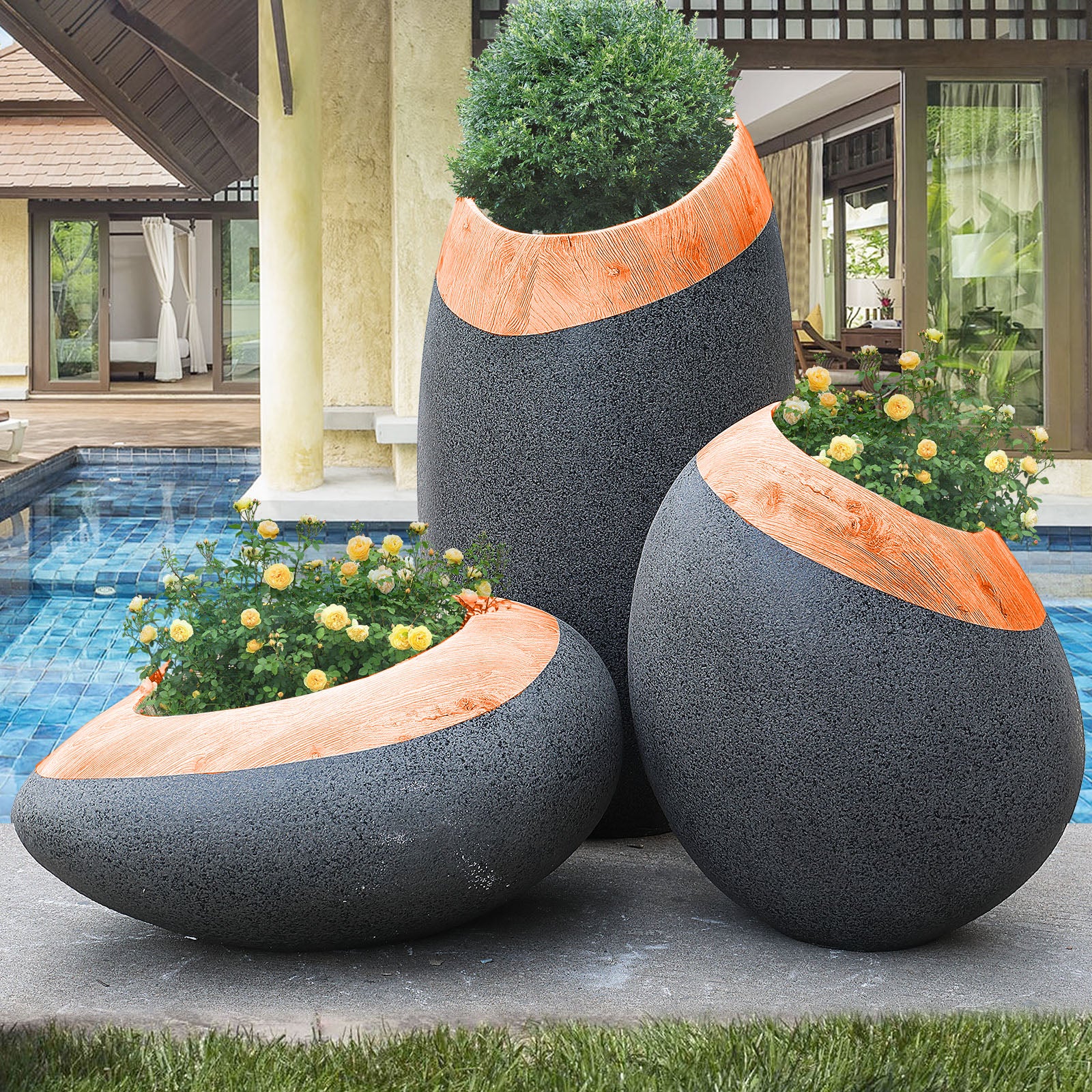 Set Of 3 Outdoor/Indoor Fiberglass Concrete Planter Box Xk-5010A+B+C