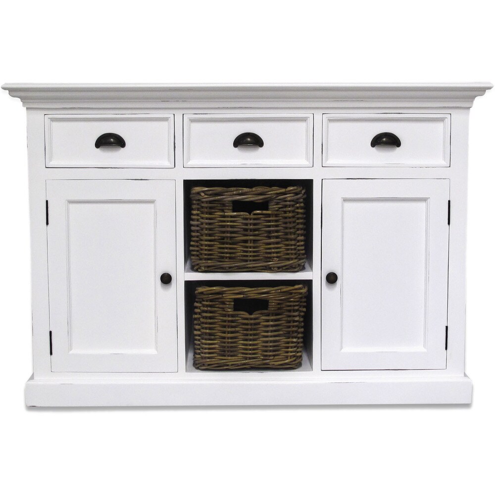 NovaSolo Halifax Coastal White Buffet with 2 Baskets  Solid Mahogany Frame  49.21 x 19.69 x 33.46   49.21 x 19.69 x 33.46