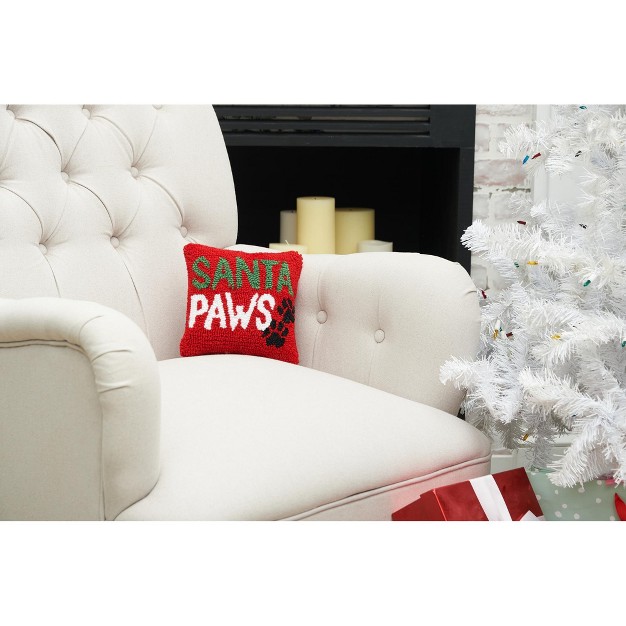 X 8 quot quot santa Paws quot Christmas Sentiment With Paw Prints On Red Background Petite Accent Hooked Throw Pillow