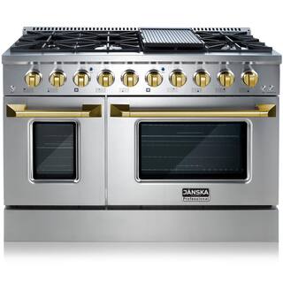 JANSKA Professional 48 in. 6.7 cu. ft. 8-Burners Double Oven Gas Range w Griddle in Stainless Steel with Gold Knobs and Handle GR-670 G