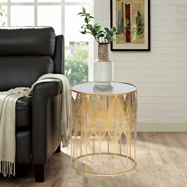 Adeco End Table Set of 2 Gold Accent Coffee Leaves Nightstands Stool - Set of 2