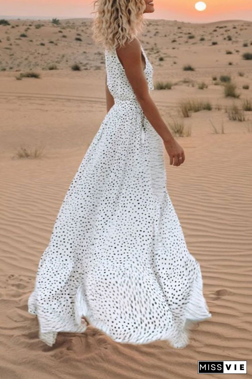 V Neck Dot Printed Floor Length Dress(3 Colors)