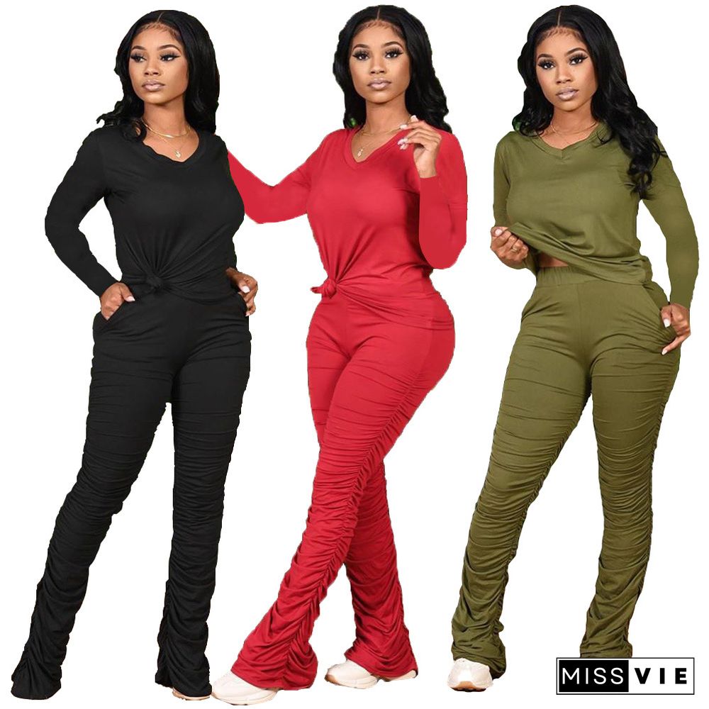 V-neck Long Sleeve T-shirt and Pleated Pants Set