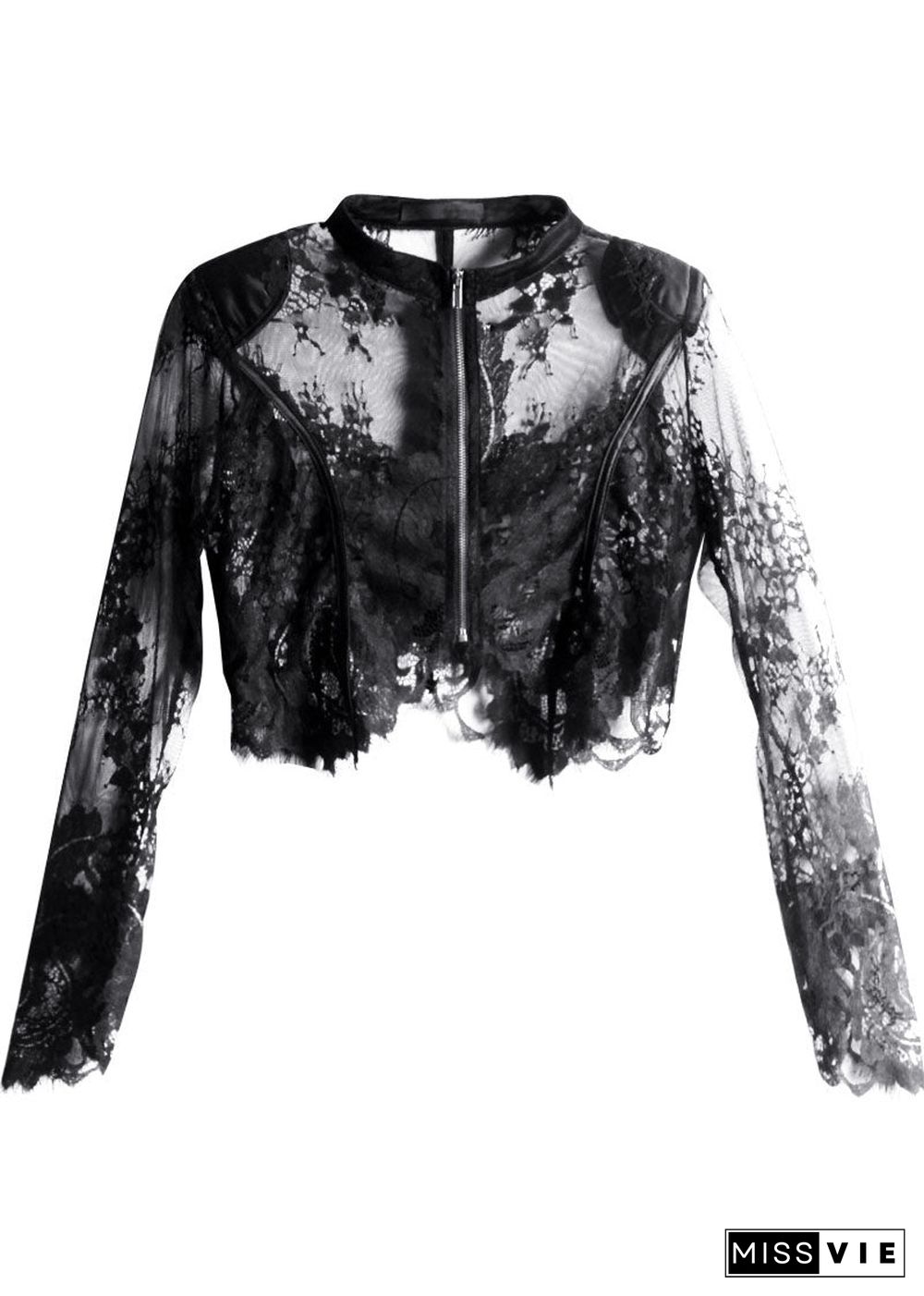 Elegant Black Zippered Tulle Summer Shirt Tops Long Sleeve