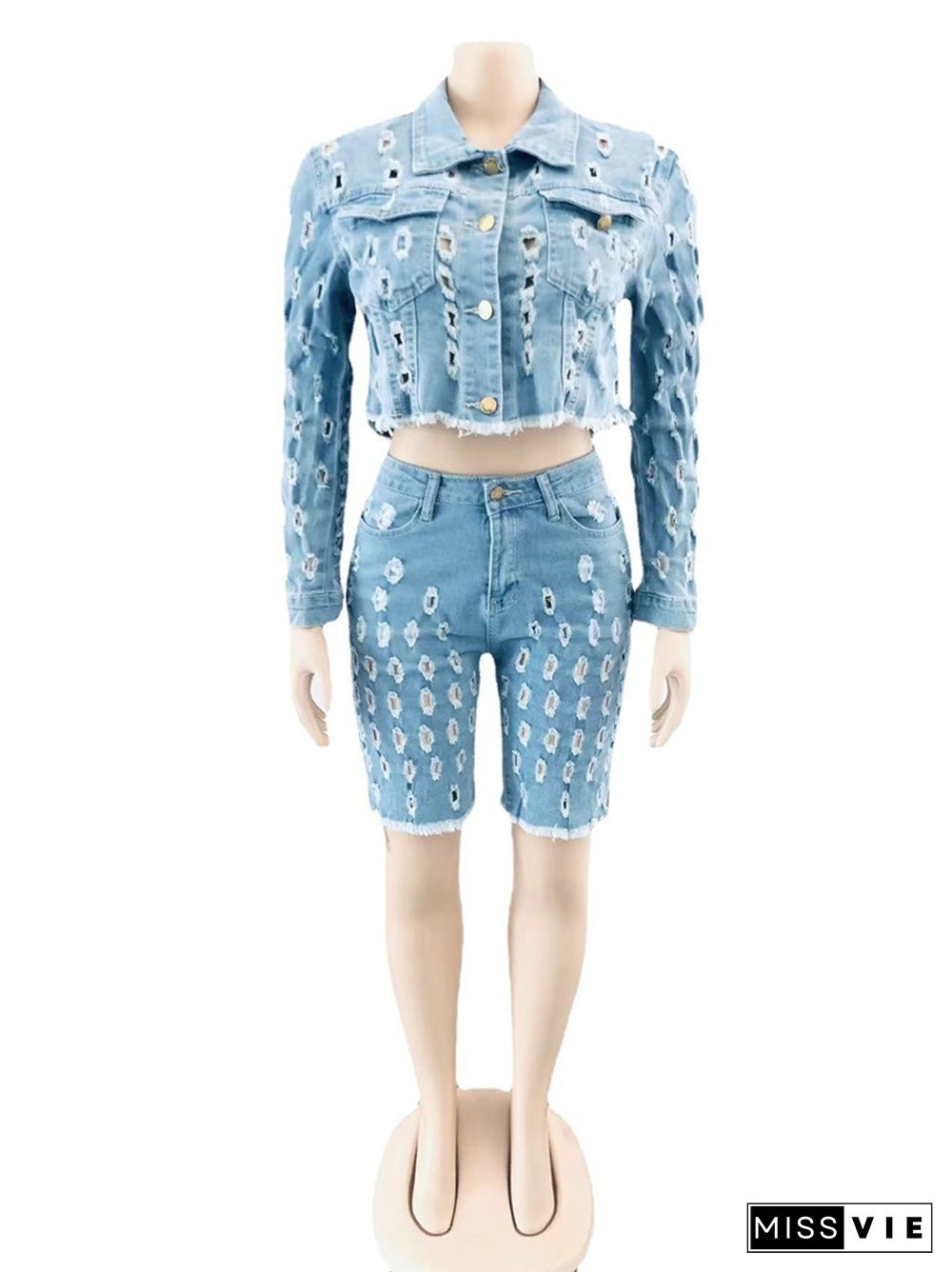 Denim Holes Long Sleeve Jacket Crop Top Shorts Suit