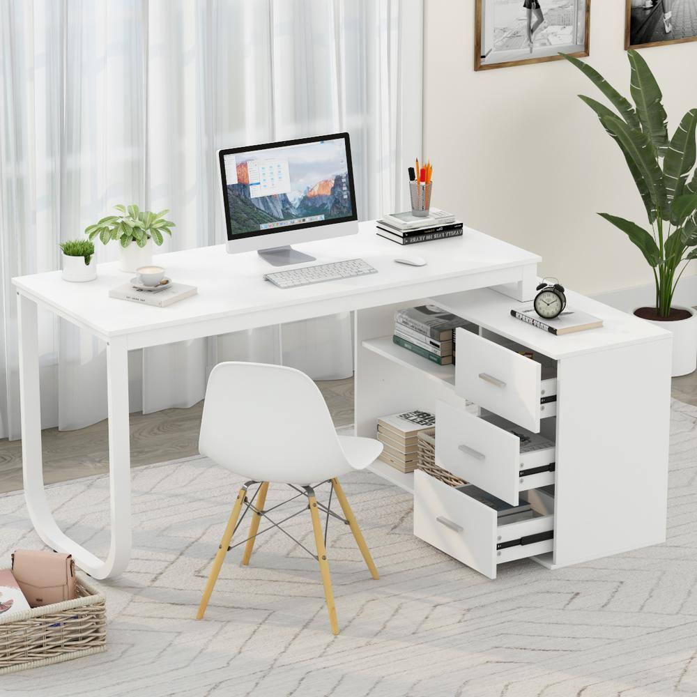 FUFUGAGA 55.1 in. L-Shaped White Wood Writing Desk Corner Gaming Desk With 2-Tier Shelves and 3-Drawers Home Office Use KF210009-02-c