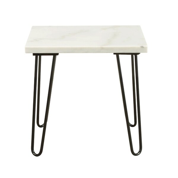 Marble Top End Table with Hairpin Style Metal Legs， White and Black