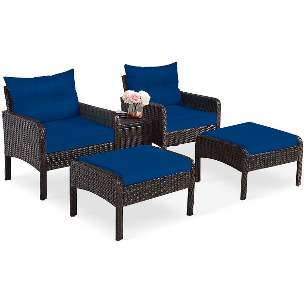 Tangkula 5pcs Patio Set Sectional Rattan Wicker Furniture Set W Navy Cushion