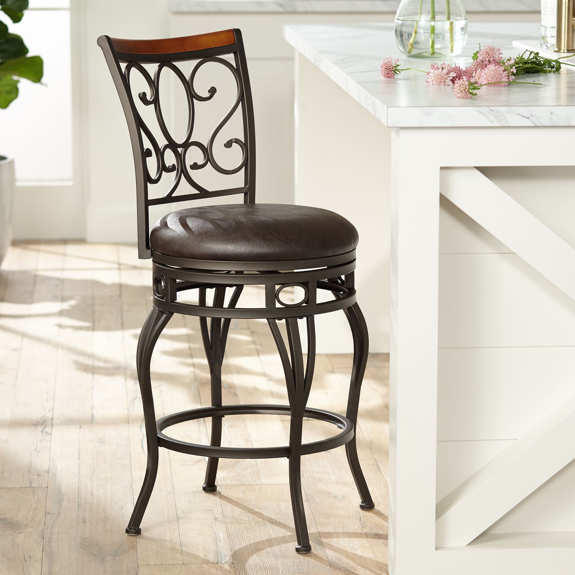 Kensington Hill Bronze Metal Swivel Bar Stool Brown 26 1/2 High Traditional with Backrest Footrest Kitchen Counter Height Island