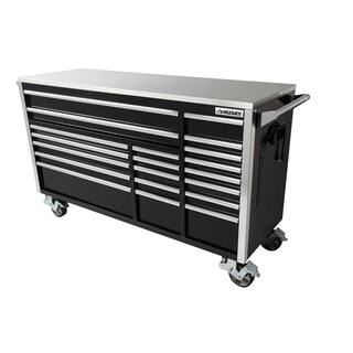 Husky 72 in. W x 24.5 in. D Professional Duty 20-Drawer Mobile Workbench Combo w Side Locker and Top Hutch in Gloss Black HPROSUITE2