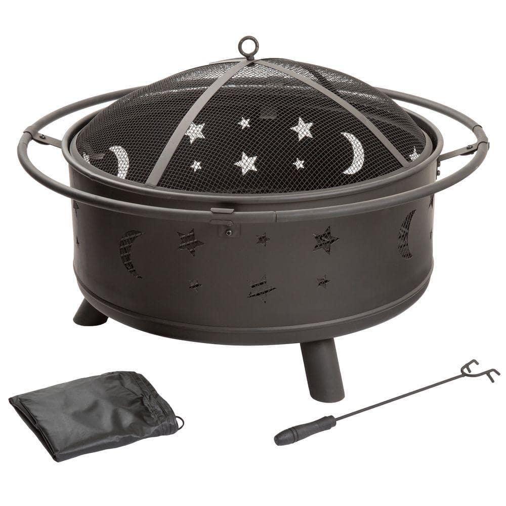 Pure Garden 30 in Round Steel Star and Moon Firepit with Cover