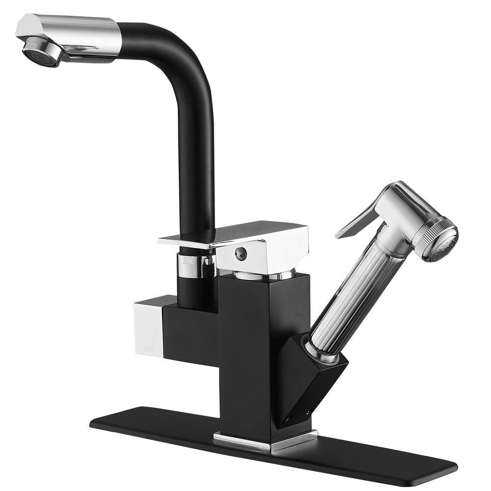 BWE Double-Handle Pull-Out Sprayer 2 Spray Low Arc Kitchen Faucet With Deck Plate in Matte Black  Polished Chrome A-96029-D