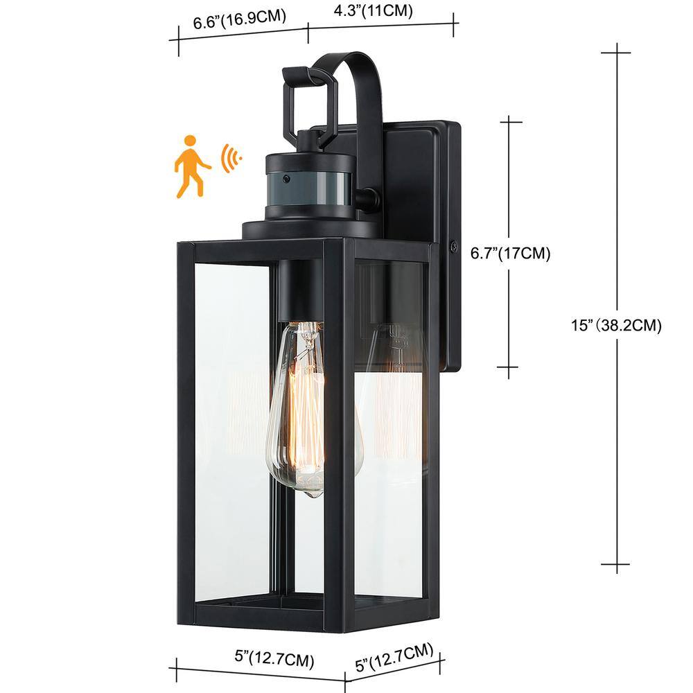 Uixe 15 in. 1-Light Matte Black Motion Sensing Outdoor Wall Lantern Sconce Dusk to Dawn with Clear Glass SSL-12151-MS