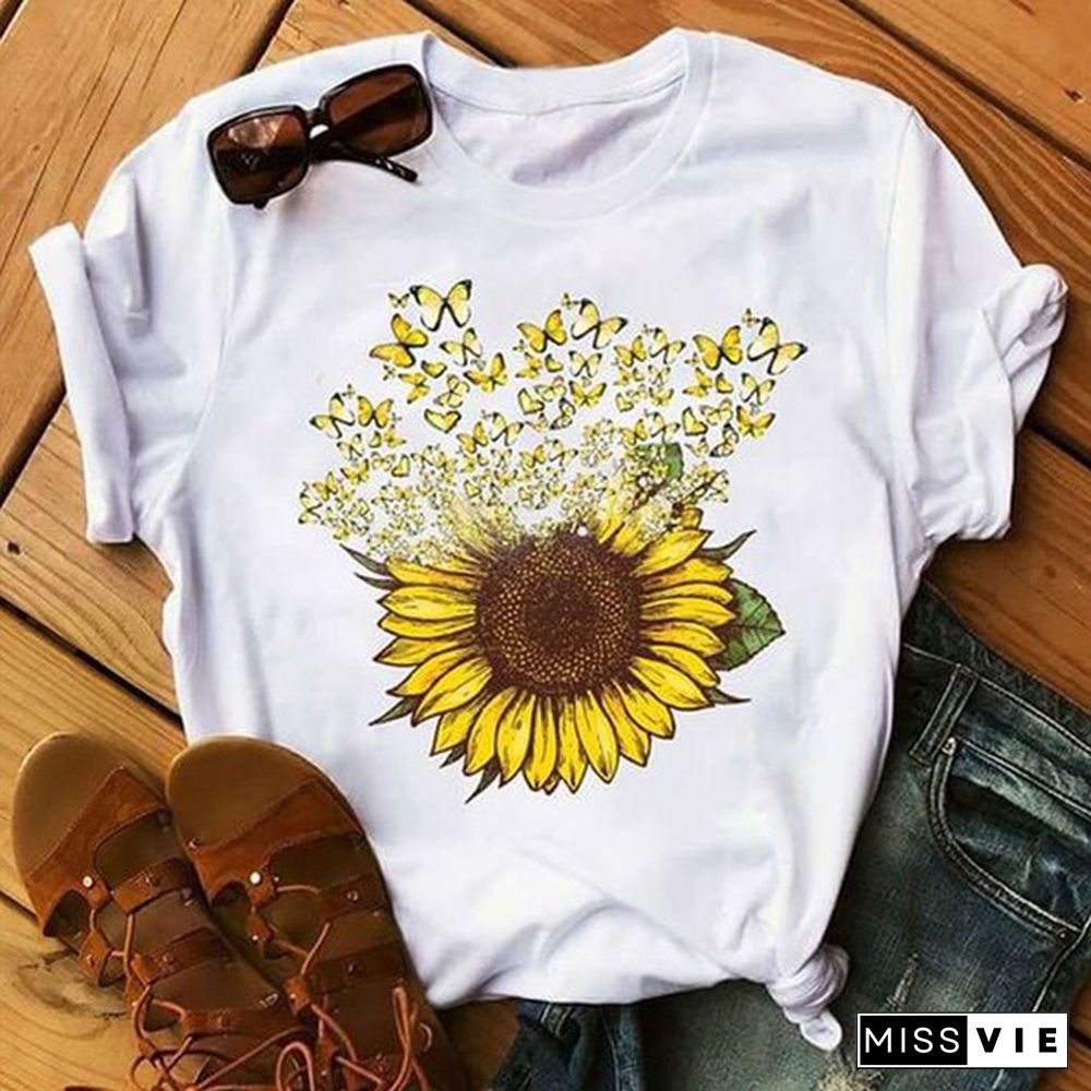 New Fashion Butterfly Sunflower Printed T-shirt for Women Graphic Tee Shirt Ladies Summer Casual Short Sleeve Tee Tops Clothes