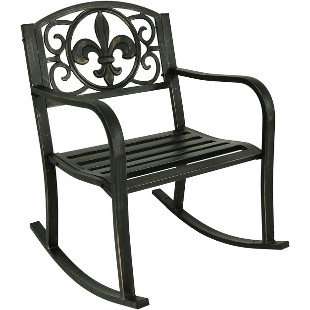 Sunnydaze Traditional Fleur de lis Design Cast Iron And Steel Outdoor Rocking Chair