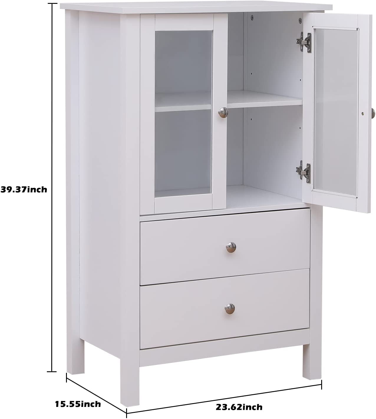 Yoleny Storage Cabinet， 2 Drawers，Transparent Glass Doors， White Wood Sideboard with Shelves for Kitchen Dining Room Furniture