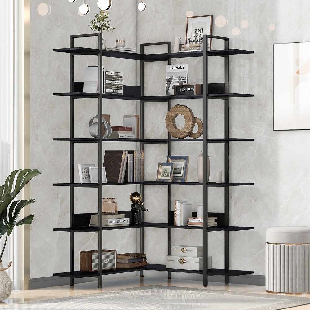 74.8 Inch Bookshelf L shape Stainless Steel Frame Corner 6 tier Shelves Adjustable Foot Pads