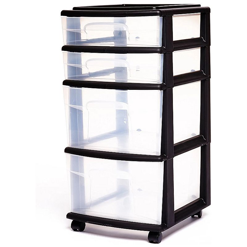 Homz Plastic 4 Drawer Medium Home Storage Container， Clear Drawers and Black Frame