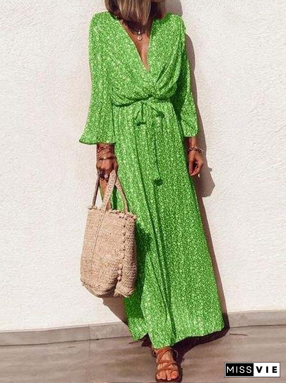 Classy Green Print V-Neck Long Sleeve Maxi Dress