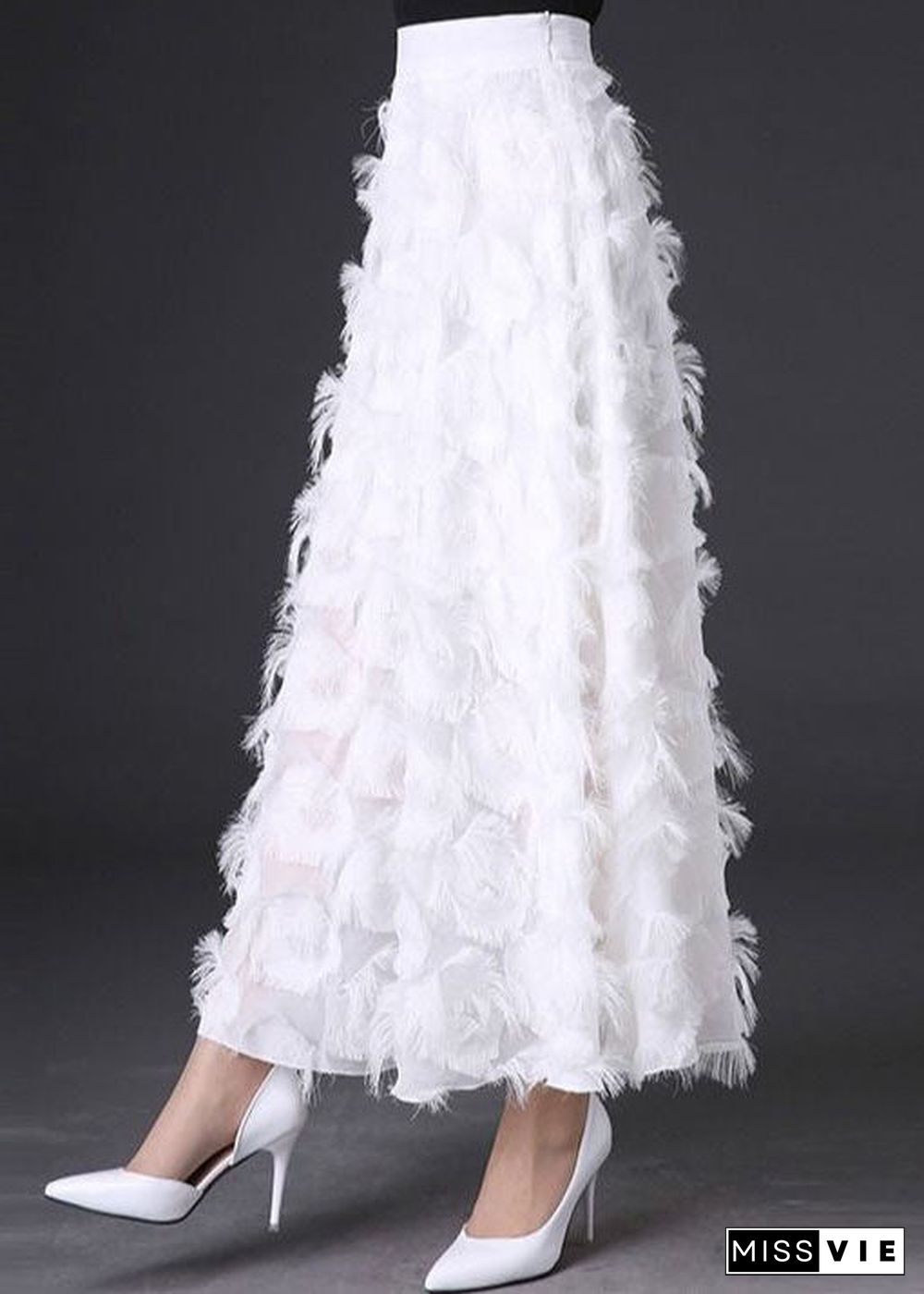 Natural White Tasseled Chiffon Skirts Spring