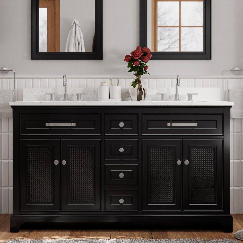 Home Decorators Collection Gillinger 60 in. W x 22 in. D x 35 in. H Double Sink Bath Vanity in Black Rattan with Engineered Carrara Top and Sink 1906VA60-312925