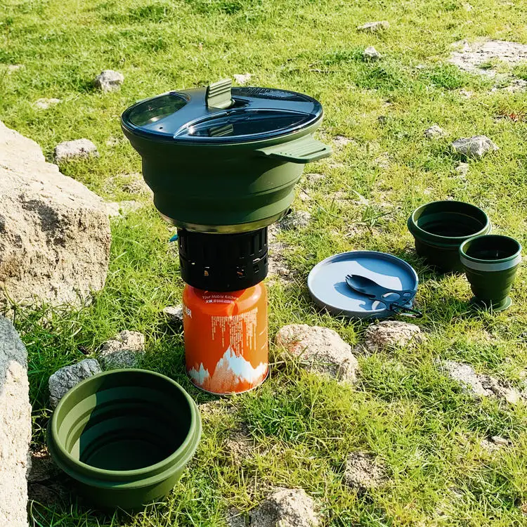 Eco friendly Wilderness Survival Silicone Camping Pot Cookware Set For Outdoor Kitchen Equipment Cookware Set