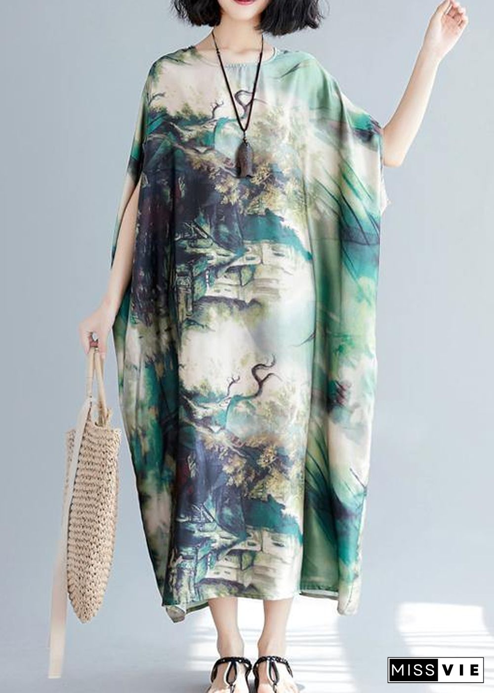 French O Neck Baggy Summer Wardrobes Lnspiration Green Print Robes Dresses