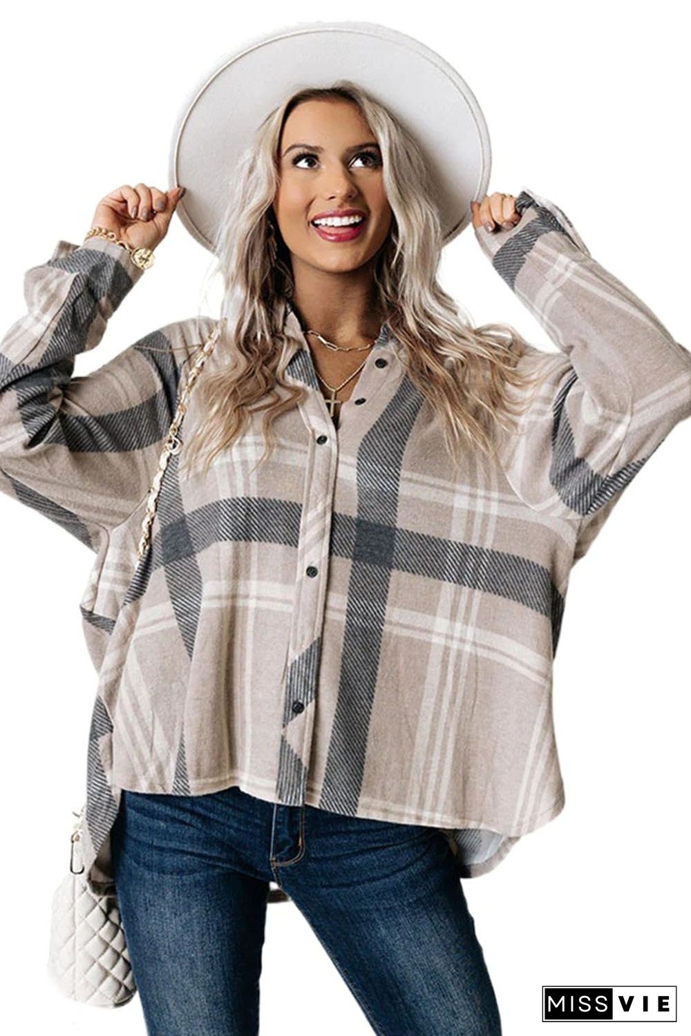 Khaki High Low Brushed Plaid Oversize Shirt