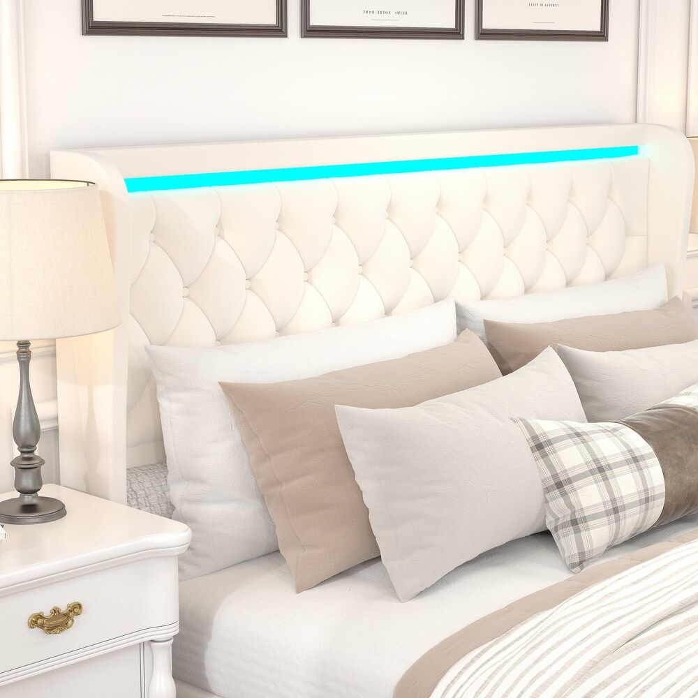 Velvet Wide Wingbacks Platform Bed Frame with Adjustable Colorful LED Light Frame Stitched Button Tufted High Headboard