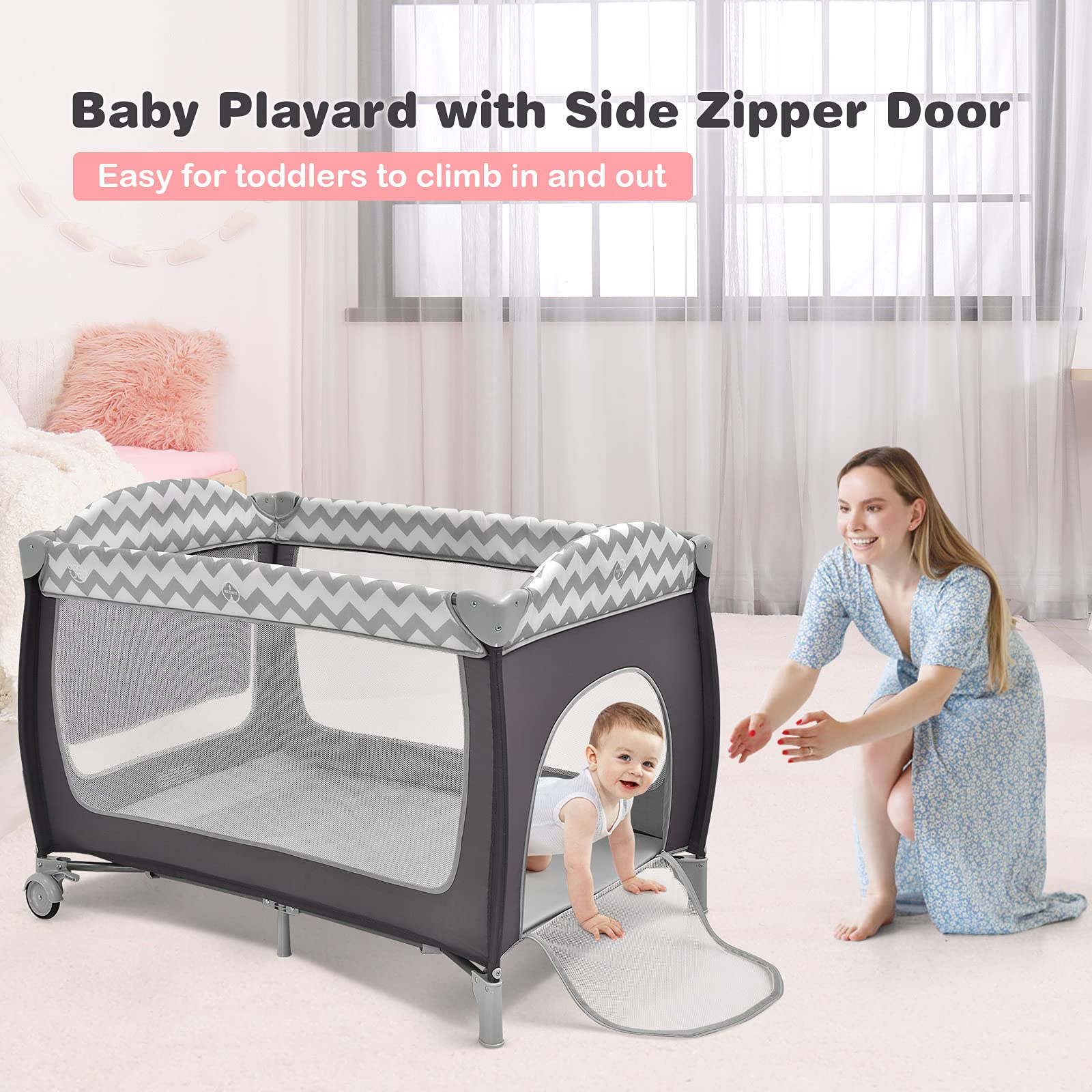 BABY JOY 4 in 1 Pack and Play, Portable Baby Playard with Bassinet Bed, Side Zipper Door