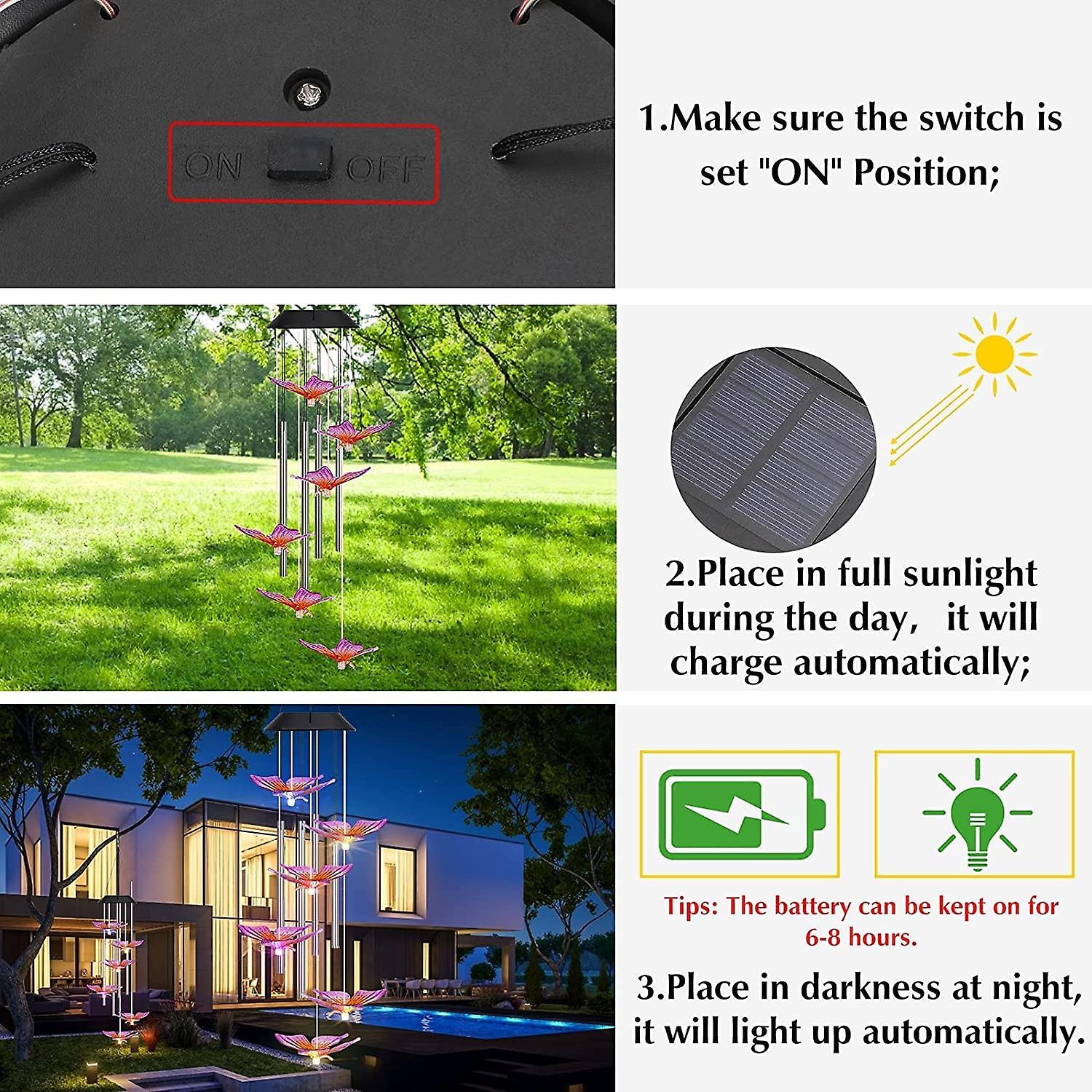 Solar Night Light Wind Chime， Outdoor Color Changing Led Butterfly Wind Chimes Of Aluminum Tubes， For Wife Mom Grandma Valentine's Day Gift， For Garde