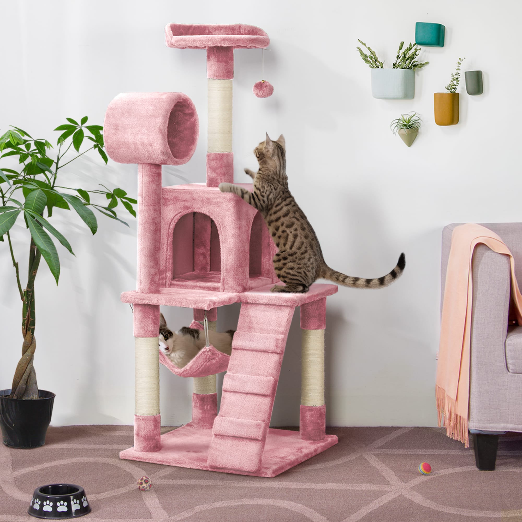 Topeakmart Pink Plush Cat Tree Condo with Hammock Tunnel， 51