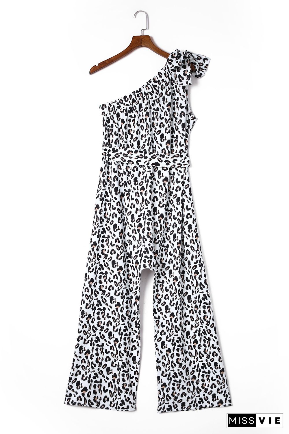 Leopard Print Slant One Shoulder Loose Jumpsuit